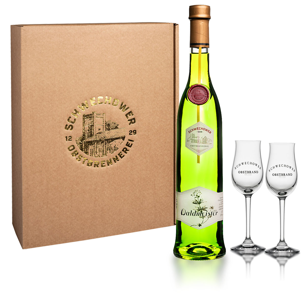 Waldmeisterlikor-0-5l-Geschenkkarton-Glas Likör Waldmeister (18%Vol) + Gläser (Präsent 14279)