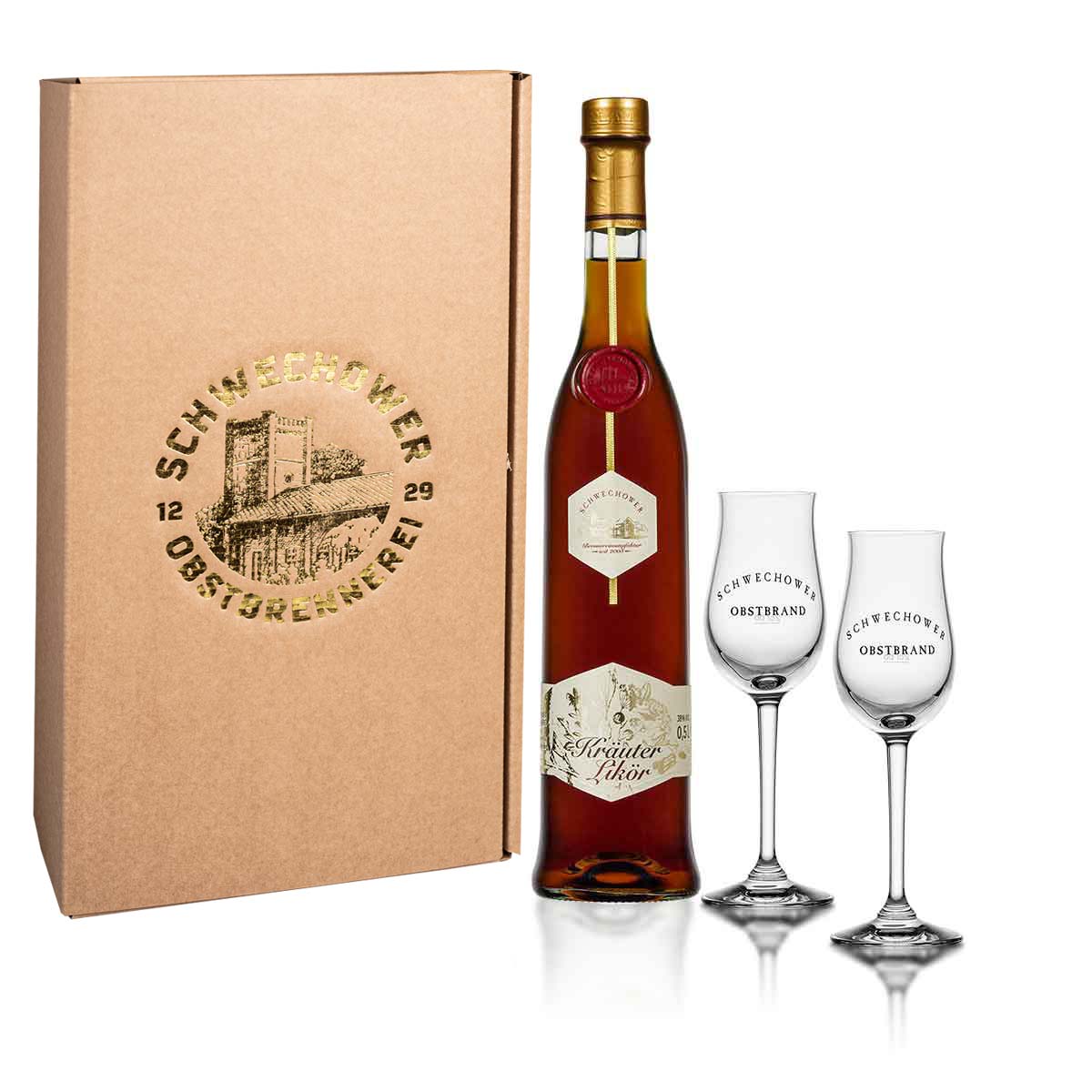 Krauterlikor-0-5l-2-Likorglaser-Geschenk Kräuterlikör 0,5l + 2 Likörgläser - Geschenk