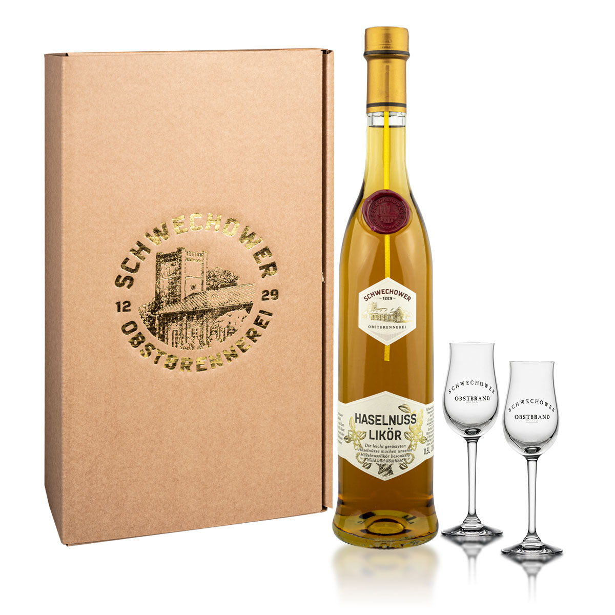 Haselnuss-Lik-r-0-5l-2Gl-ser-Geschenkkarton Likör Haselnuss 0,5l + 2 Bouquetgläser (20%Vol.) - Geschenk