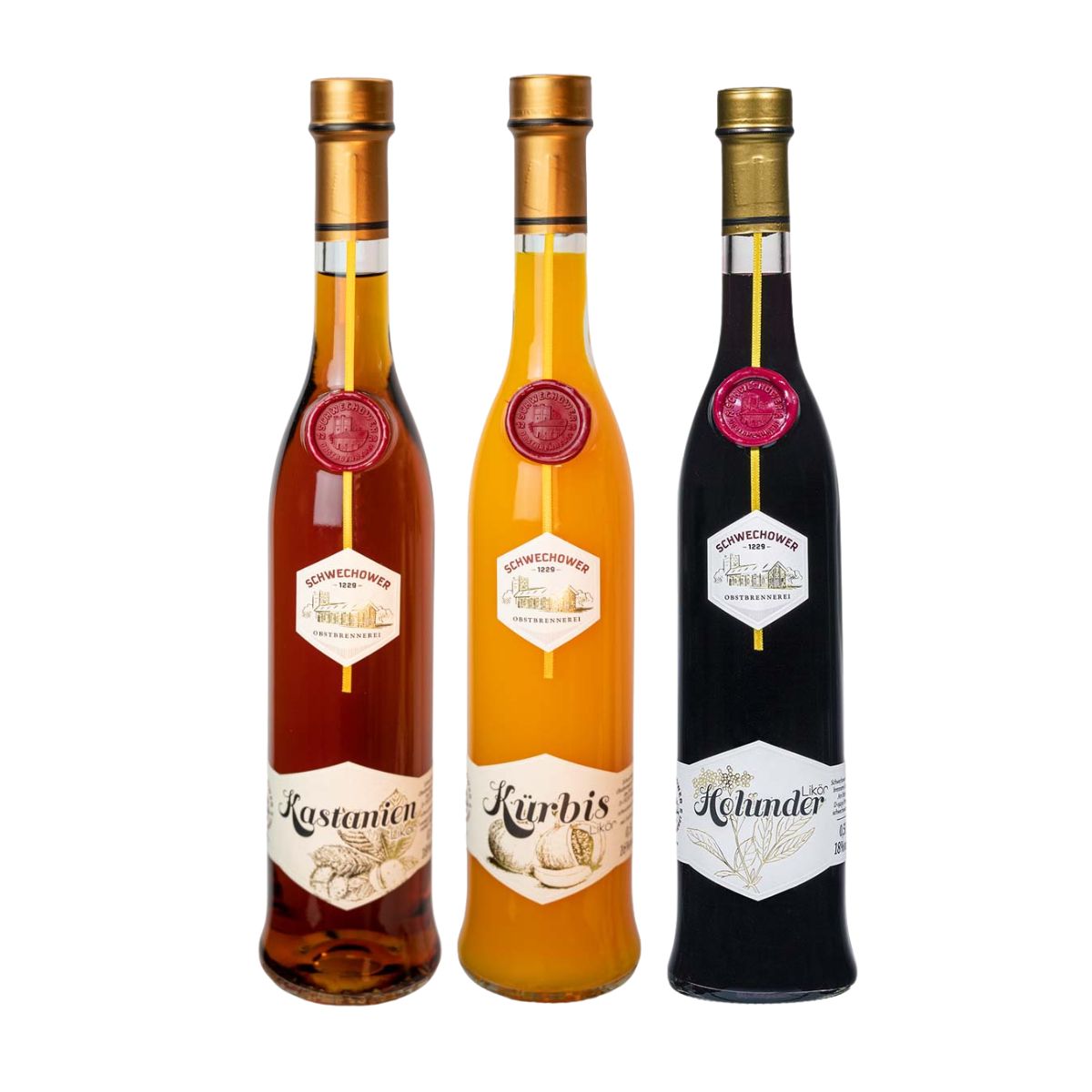 Herbstliköre: Kastanie - Kürbis - Holunder | 3x500ml | Premium Likör | Schwechower Brennerei (1229)