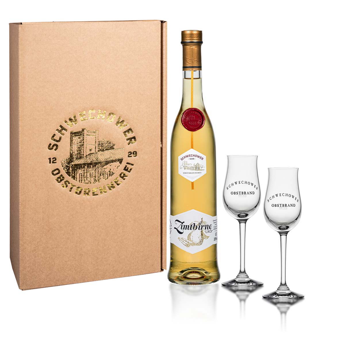 Likor-Zimtbirne-0-5l-2-Bouquetglaser-18-Vol-Geschenk Likör Zimtbirne 0,5l + 2 Bouquetgläser (18%Vol.) - Geschenk