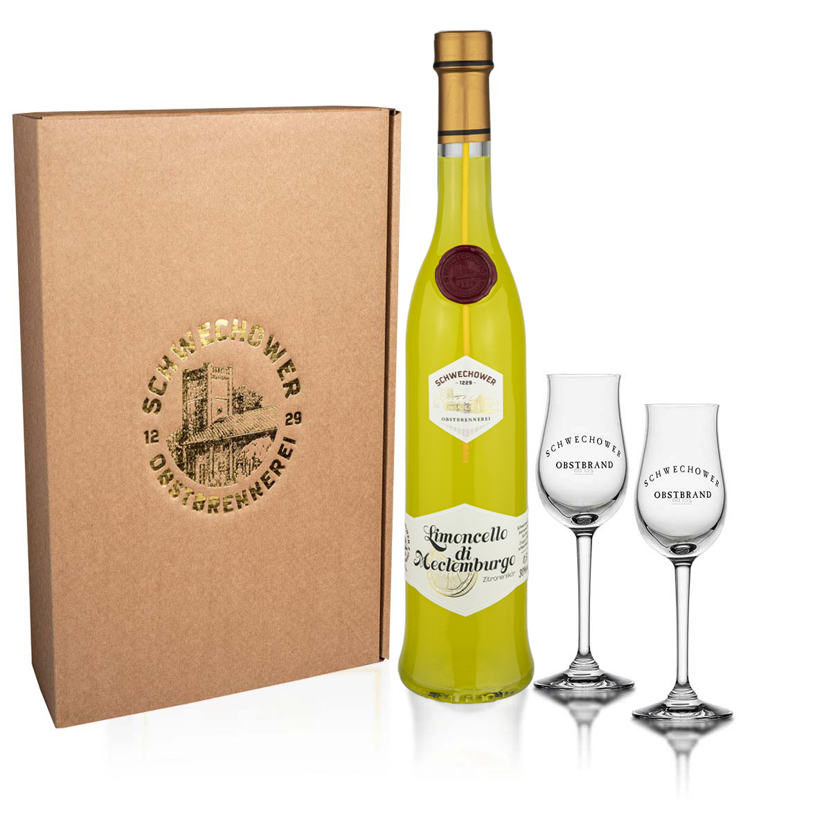 Schwechower-Limoncello-0-5l-Geschenkkarton-2Bouqetglaser Likör Zitrone (Limoncello) 0.5l (30%Vol) + Gläser (Präsent 10712)