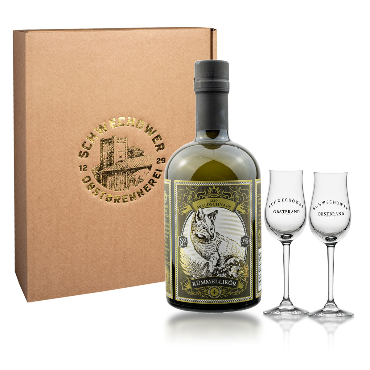Kummellikor-Geschenk-2Glaser WaldKümmel Likör 0.5l (35%Vol) + Gläser (Präsent 12047)