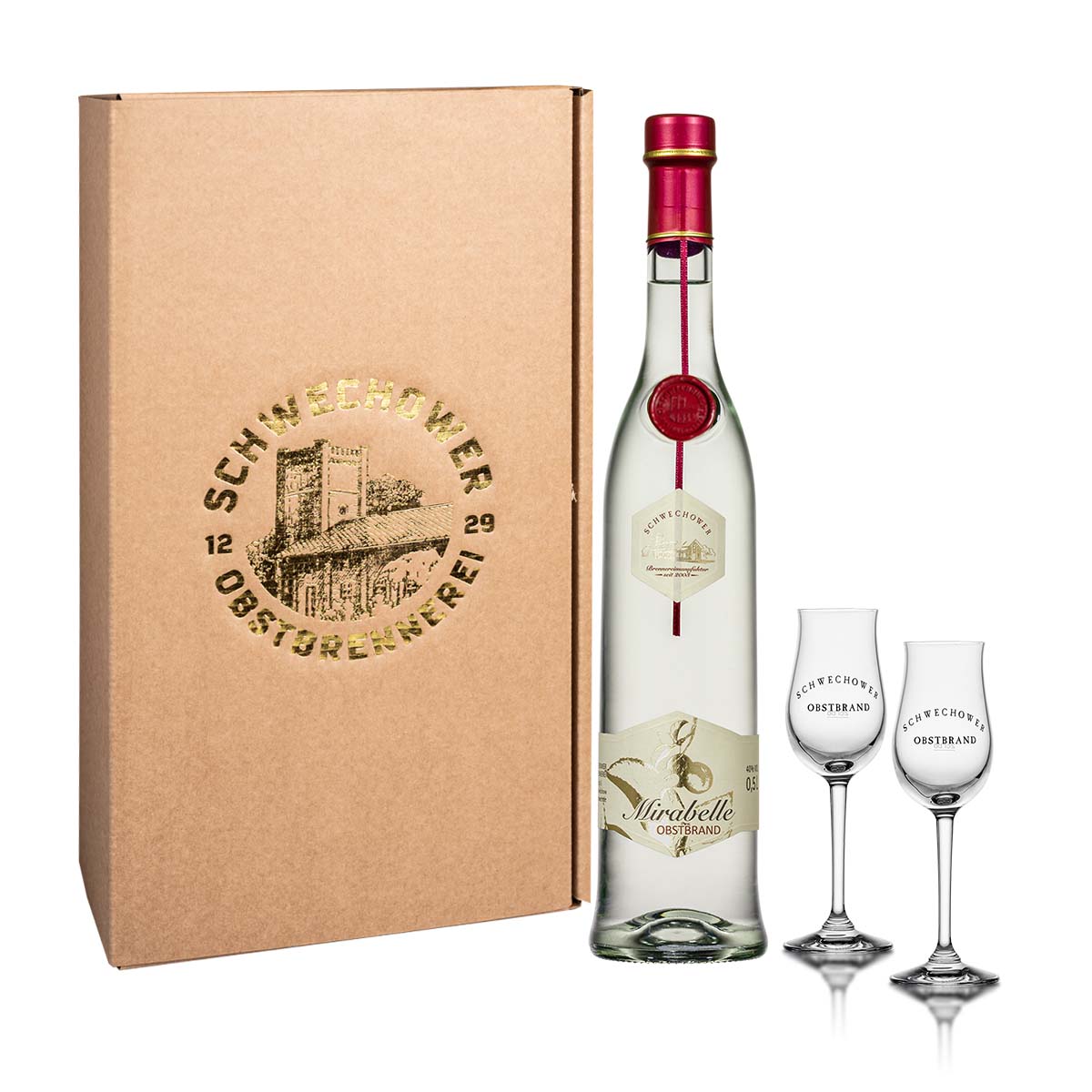 Schwechower-Mirabelle-Obstbrand-0-5l-Geschenkkarton-2BouqetglaseromCi5E6VtZIpy Obstbrand Mirabelle 0,5l + 2 Obstbrandgläser (40%Vol.) - Geschenk