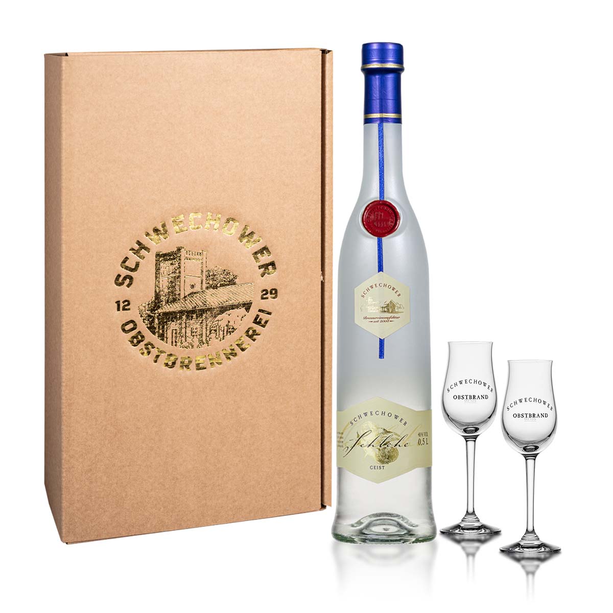 Obstgeist-Schlehe-0-5l-2-Obstgeistglaser-40-Vol-Geschenk Obstgeist Schlehe 0,5l + 2 Obstgeistgläser (40%Vol.) - Geschenk