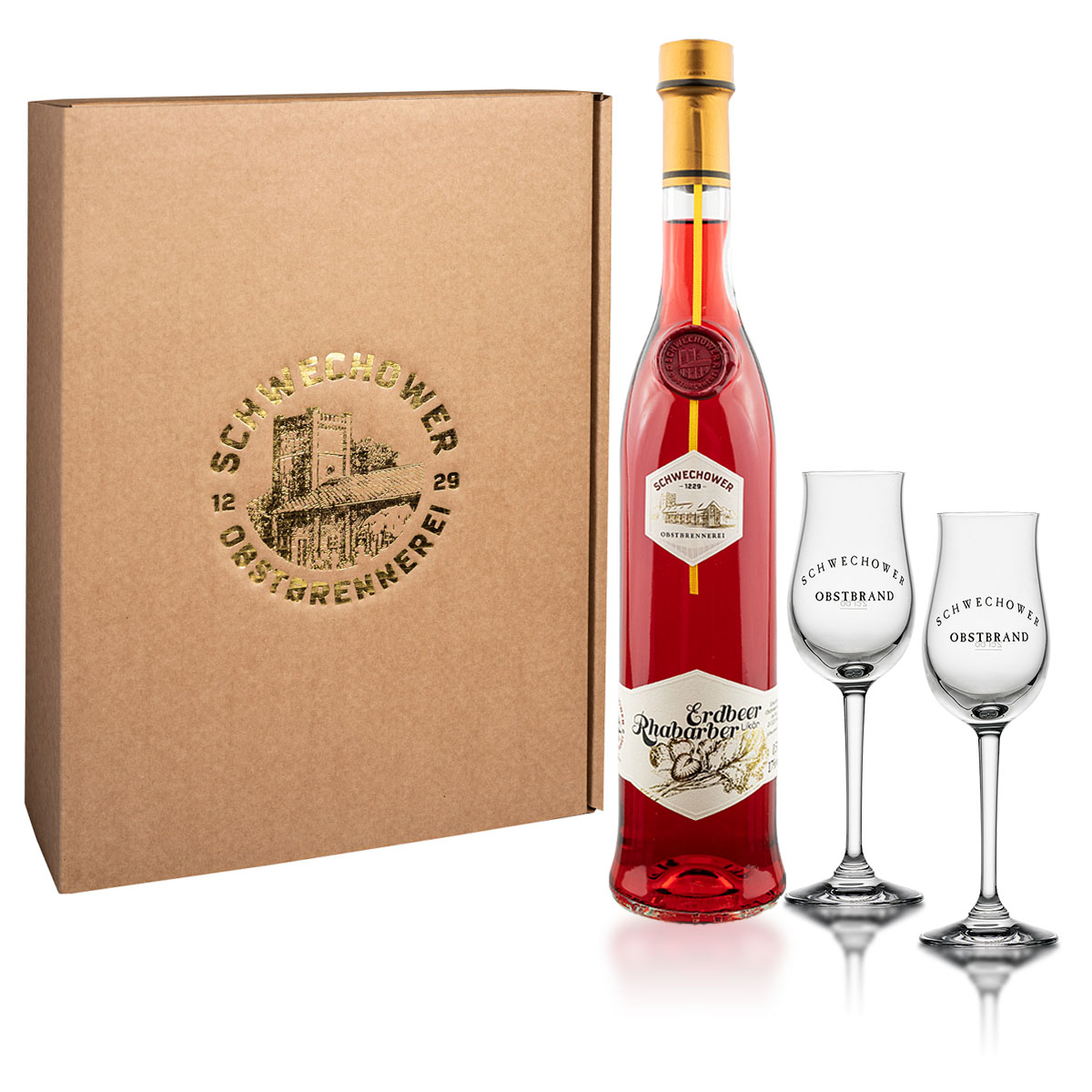 Erdbeer-Rhabarber-2Glaser Likör Erdbeer-Rhabarber 0,5l + 2 Bouquetgläser (17%Vol.) - Geschenk