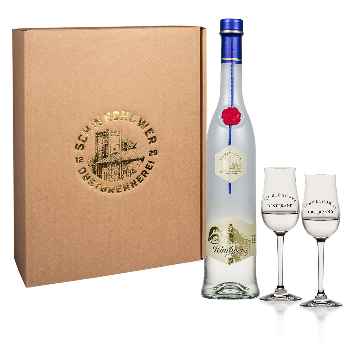 Obstgeist-Himbeere-0-5l-Obstgeistglaser Obstgeist Himbeere 0,5l + 2 Obstgeistgläser (40%Vol.) - Geschenk