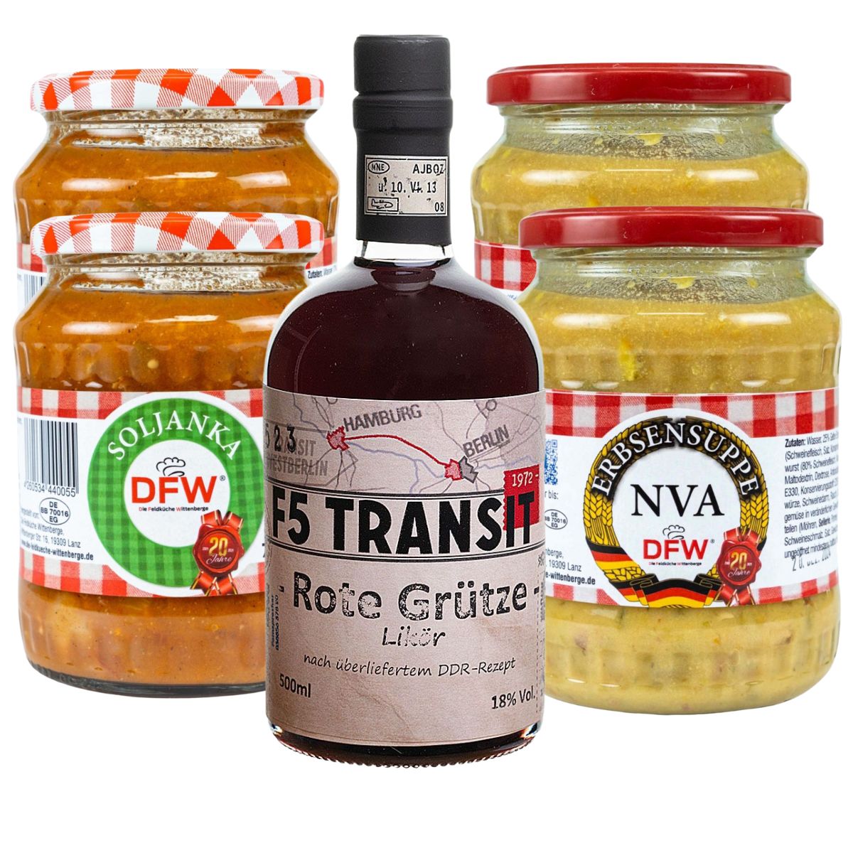 TransitPaket Rote Grütze Likör + DFW Soljanka und NVA-Erbsensuppe (TP006)