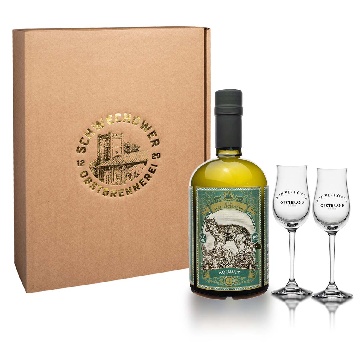 Waldschnaps-Aquavit-Prasentkarton WaldAquavit 0.5l (40%Vol) + Gläser (Präsent 12042)