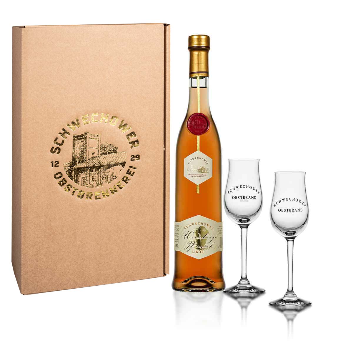 Likor-Weinbergpfirsich-0-5l-2-Bouquetglaser-in-Geschenkkarton-22-Vol Likör Weinbergpfirsich 0,5l + 2 Bouquetgläser  in Geschenkkarton (22%Vol.)