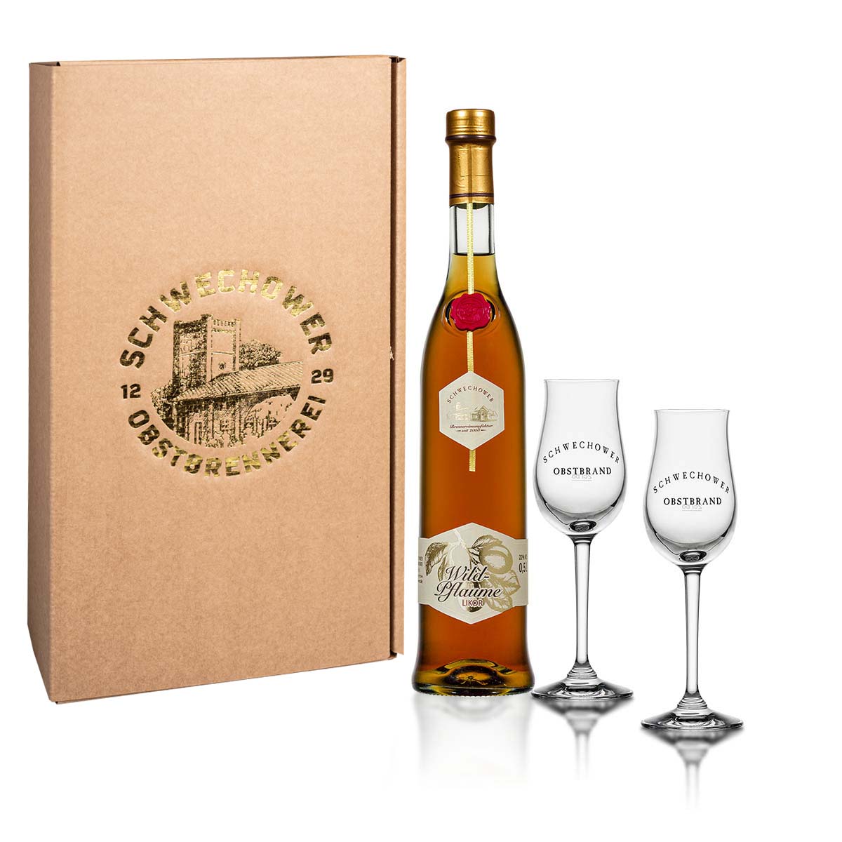 Likor-Wildpflaume-0-5l-2-Bouquetglaser-22-Vol-Geschenk Likör Wildpflaume 0,5l + 2 Bouquetgläser (22%Vol.) - Geschenk