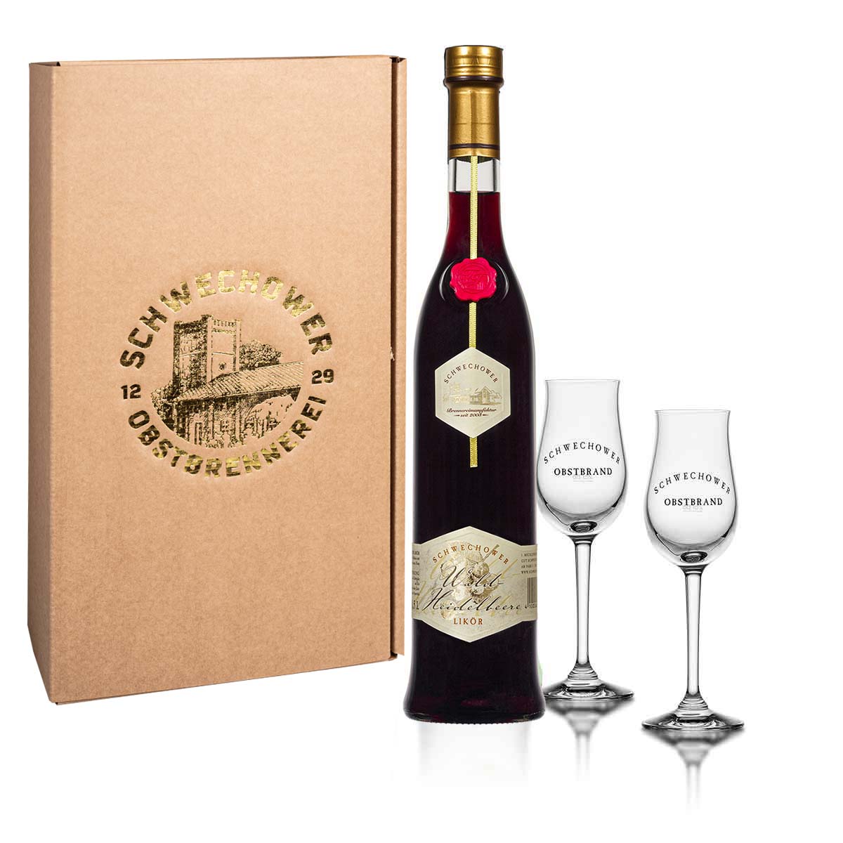 Likor-Waldheidelbeere-0-5l-2-Bouquetglaser-22-Vol-Geschenk Likör Waldheidelbeere 0,5l + 2 Bouquetgläser (22%Vol.) - Geschenk