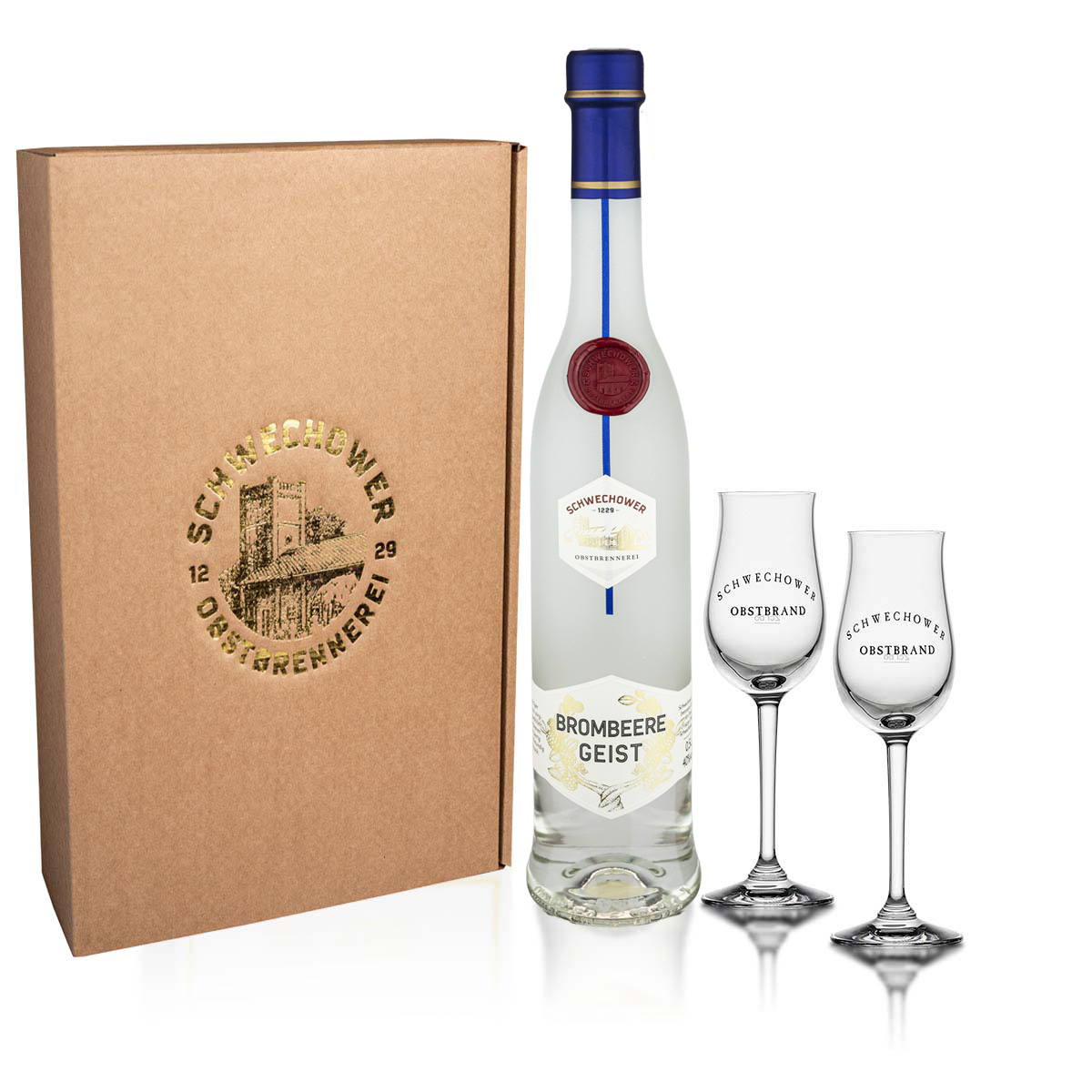 Schwechower-Brombeere-Geist-0-5l-Geschenkkarton-2Bouqetglaser Obstgeist Brombeere 0.5l (40%Vol) + Gläser (Präsent 11009)