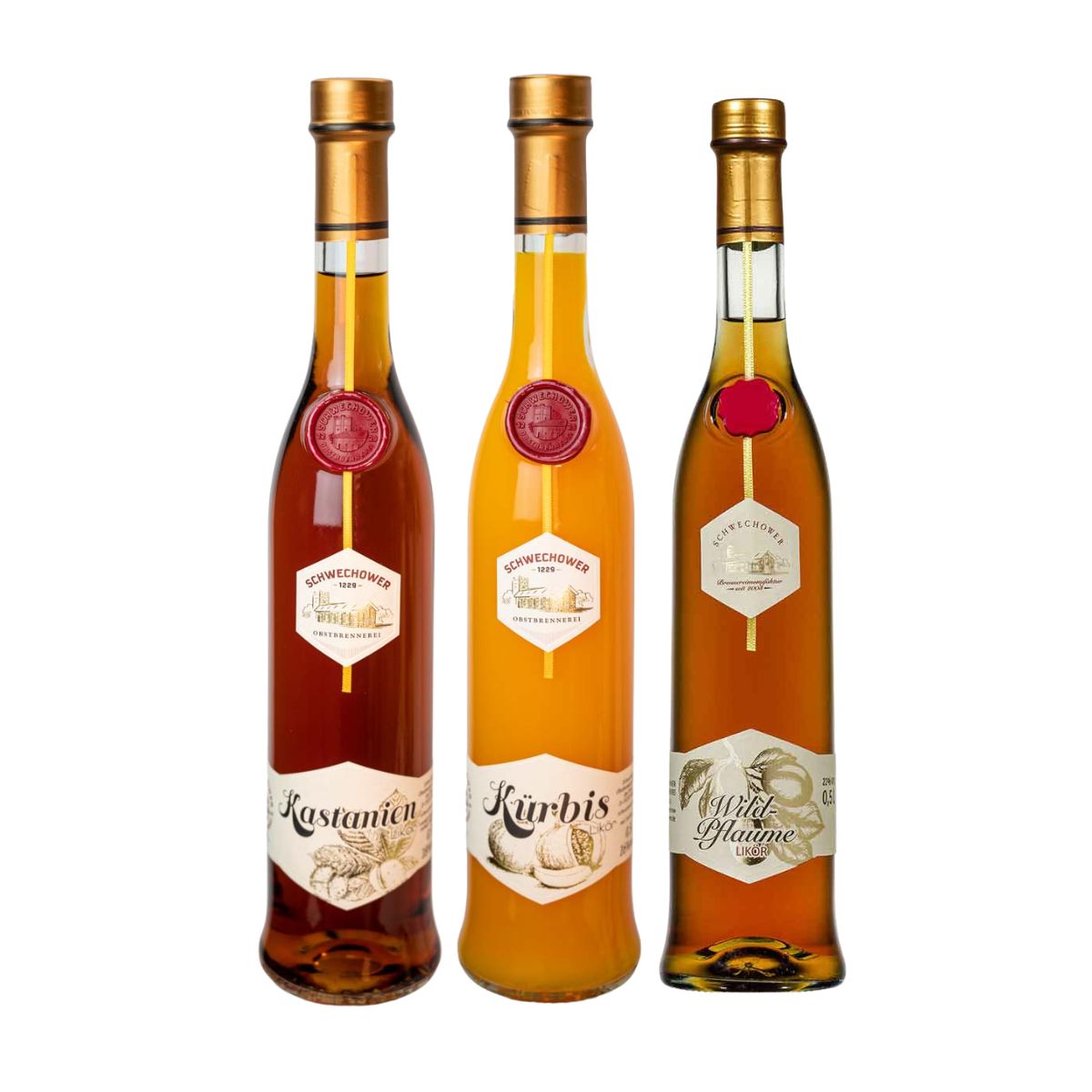 Herbstliköre: Kastanie - Kürbis - Wildpflaume | 3x500ml | Premium Likör | Schwechower Brennerei (1229)