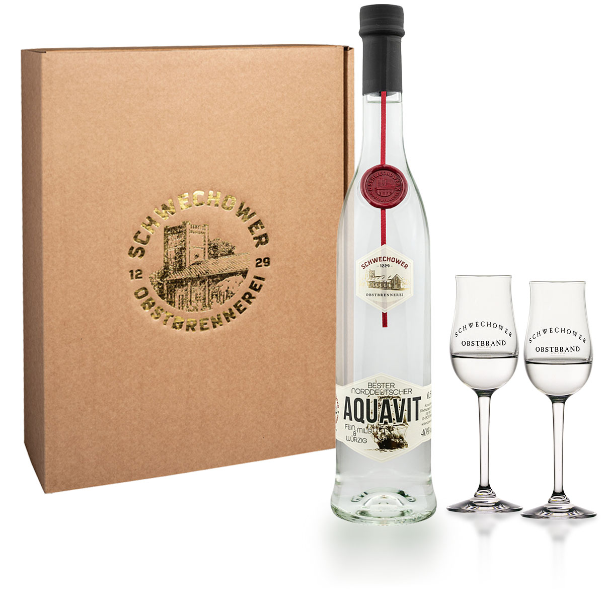 Prasentkarton-Aquavit-0-5l-Glaserjpg Aquavit 1229 0,5l + 2 Bouquetgläser (40%Vol.) - Geschenk