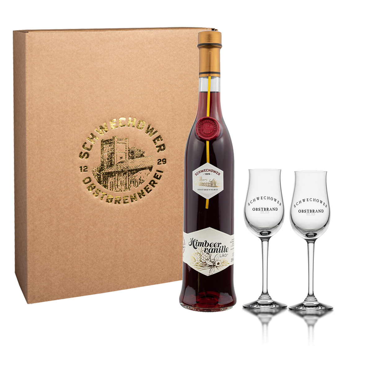 Likör Himbeer-Vanille 0,5l + 2 Bouquetgläser (18%Vol.) - Geschenk