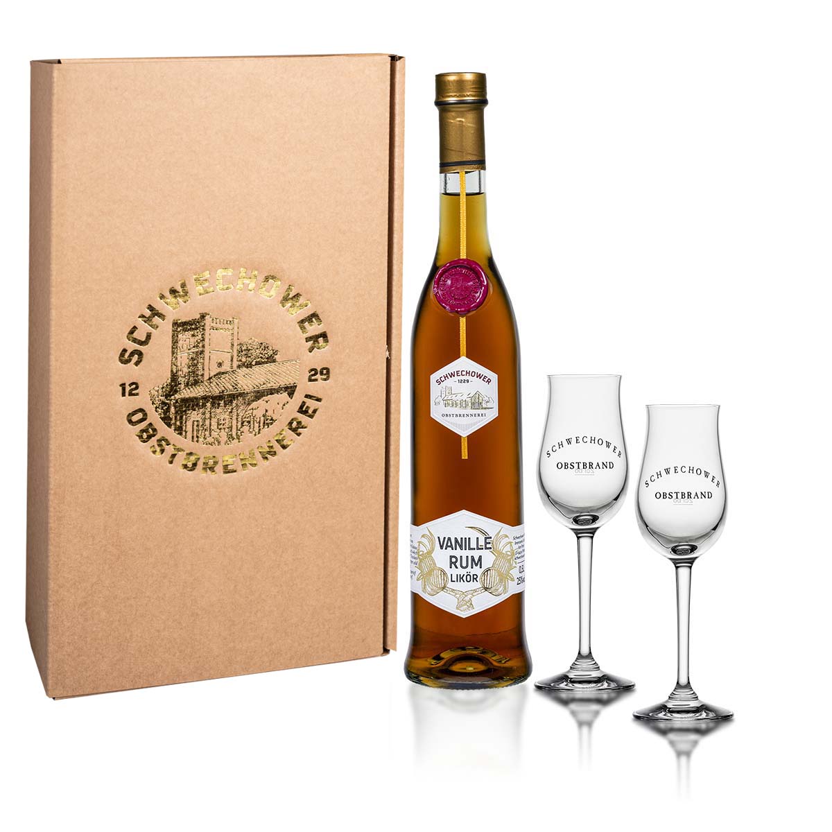 Likor-Vanille-Rum-0-5l-2-Bouquetglaser-25-Vol-Geschenk Likör Vanille-Rum 0,5l + 2 Bouquetgläser (25%Vol.) - Geschenk