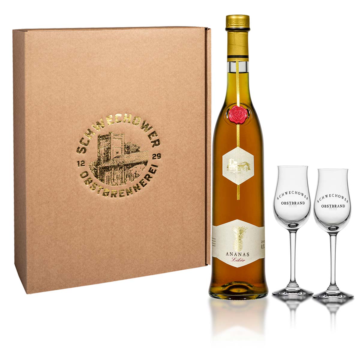 Likor-Ananas-0-5l-22-Vol-Glaser-Geschenkset Likör Ananas 0.5l (22%Vol.) + Gläser Geschenkset