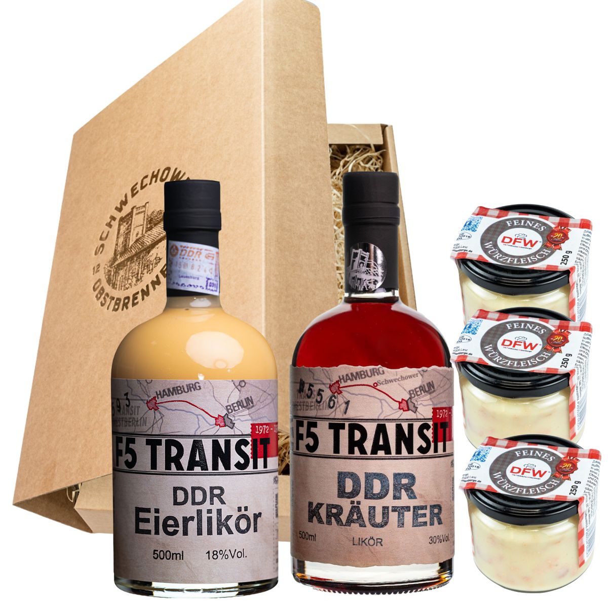 Schnapsgeschenk Nr. 15276 | Eierlikör + Kräuterlikör + Würzfleisch