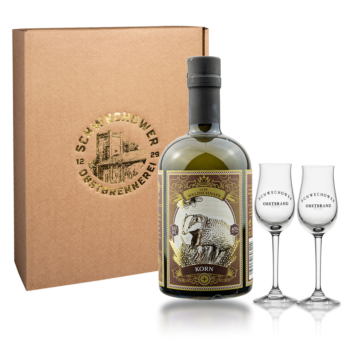 Korn-Geschenk-2Glaser WaldKorn 0.5l (40%Vol) + Gläser (Präsent 12046)