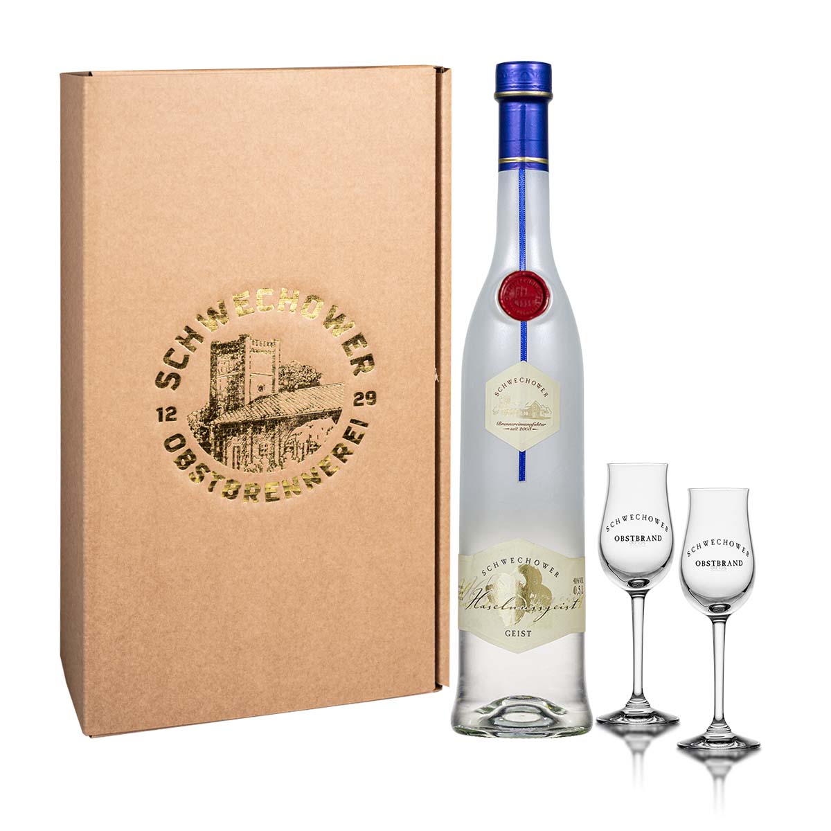 Obstgeist-Haselnuss-0-5l-2-Obstgeistglaser-40-Vol-Geschenk Obstgeist Haselnuss 0,5l + 2 Obstgeistgläser (40%Vol.) - Geschenk