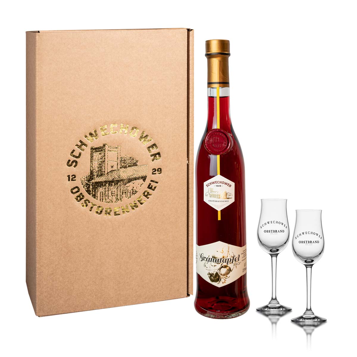 Schwechower-Granatapfel-0-5l-Geschenkkarton-2Bouqetglaser Likör Granatapfel 0,5l + 2 Bouquetgläser Geschenkkarton (16%Vol.) - Geschenkset, Präsent