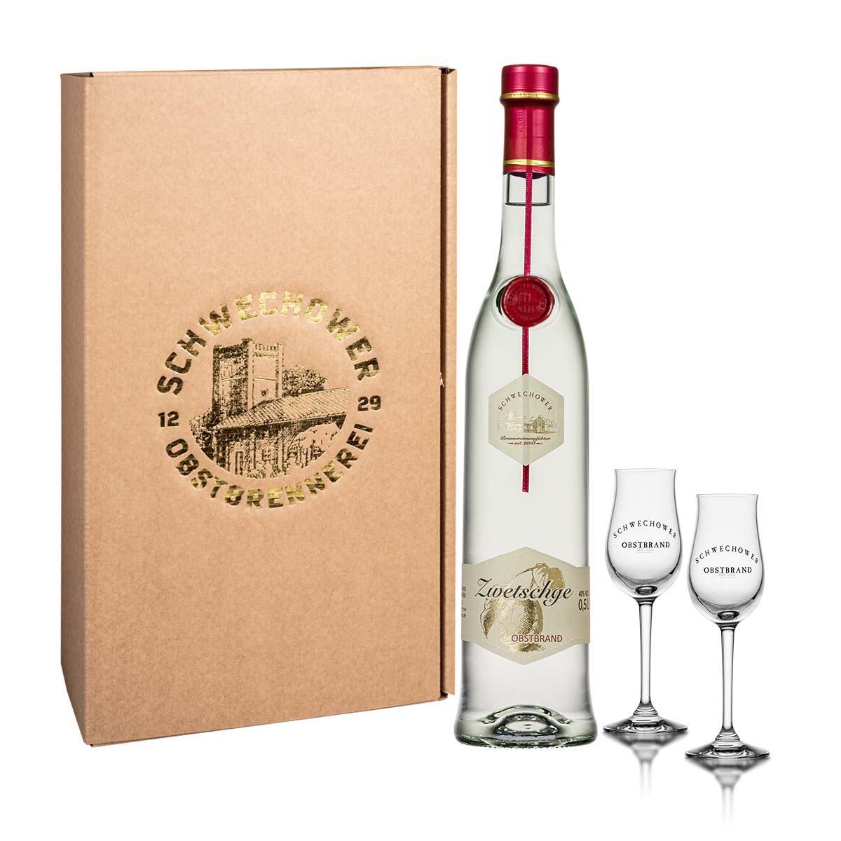 Schwechower-Zwetschge-Obstbrand-0-5l-Geschenkkarton-2Bouqetglaser8A2o3AOLdtxsO Obstbrand Zwetschge 0,5l + 2 Obstbrandgläser (40%Vol.) - Geschenk