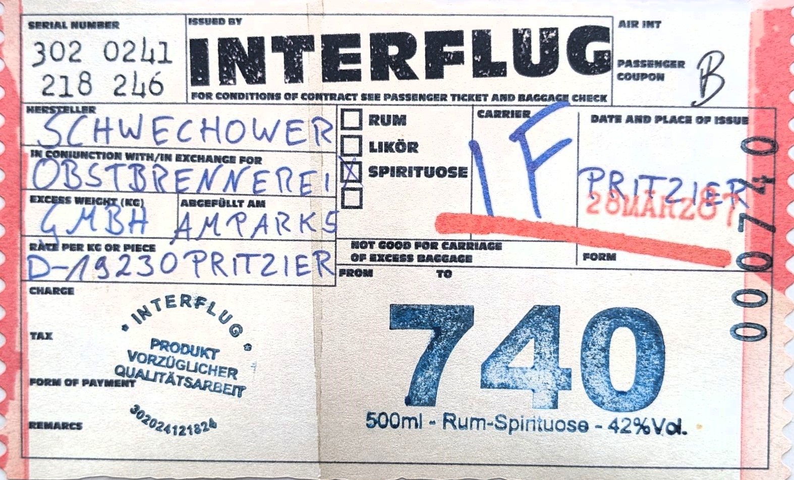Interflug 740 Rum-Spirituose 0.5l (42%Vol)