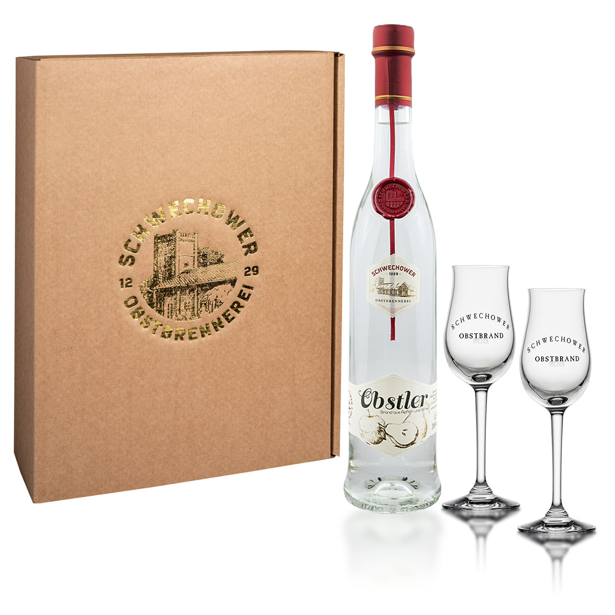 Obstler-2Glaser Schwechower Obstler 0,5l + 2 Obstbrandgläser Geschenkkarton (38%Vol.) - Geschenkset, Präsent