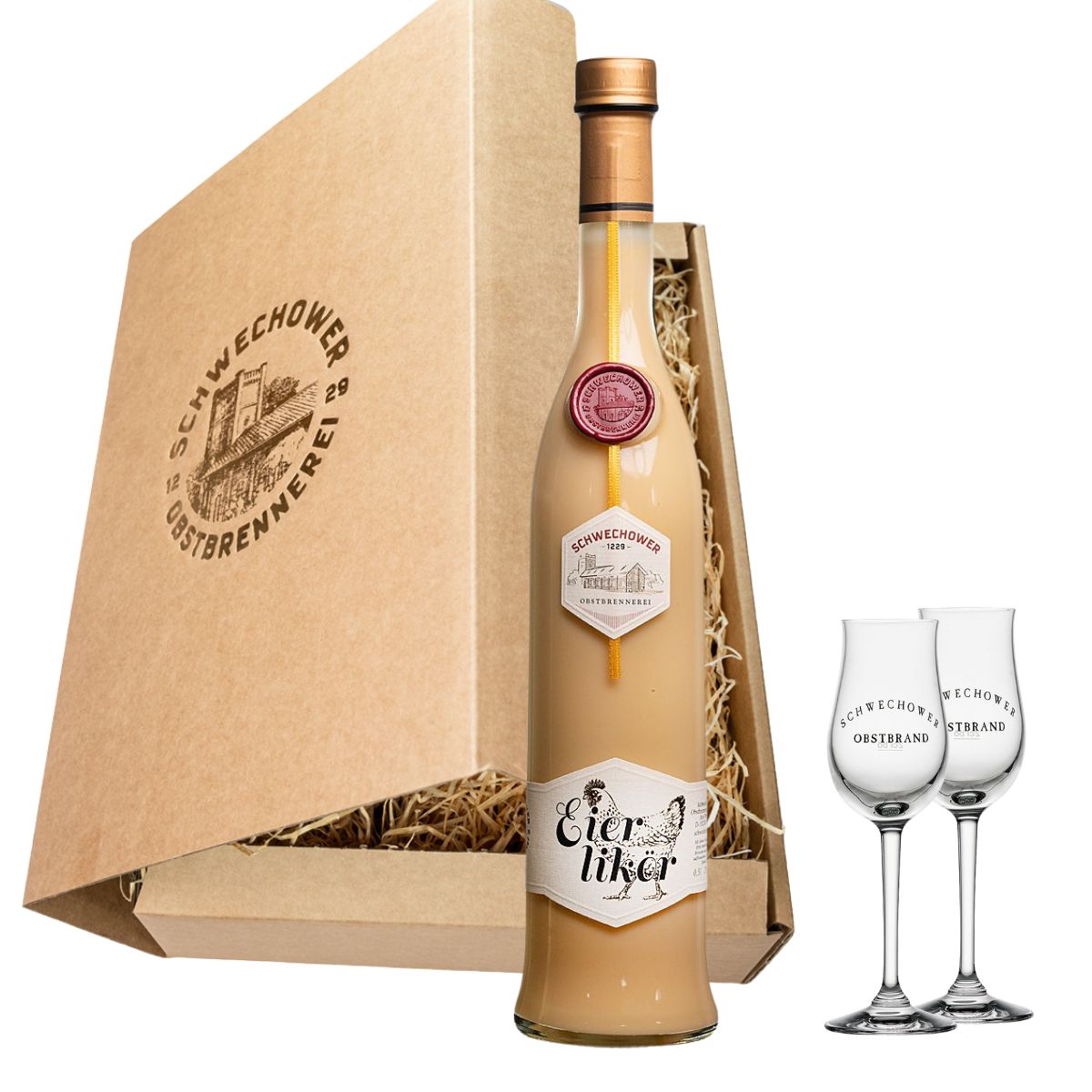 Eierlikör 0.5l (20%Vol) + Gläser (Präsent 10629)