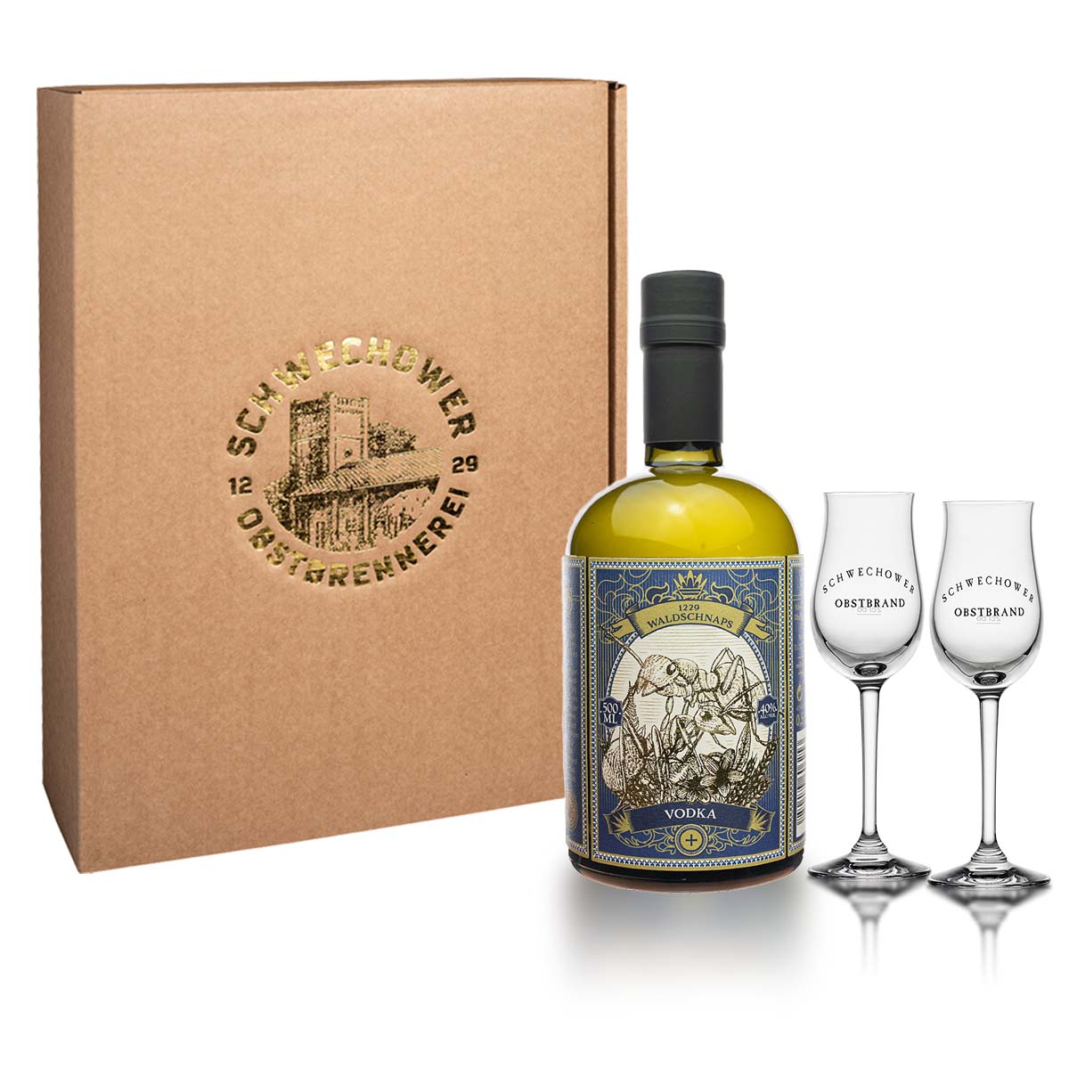 Walschnaps-Vodka-Prasentkarton WaldWodka 0.5l (40%Vol) + Gläser (Präsent 13931)
