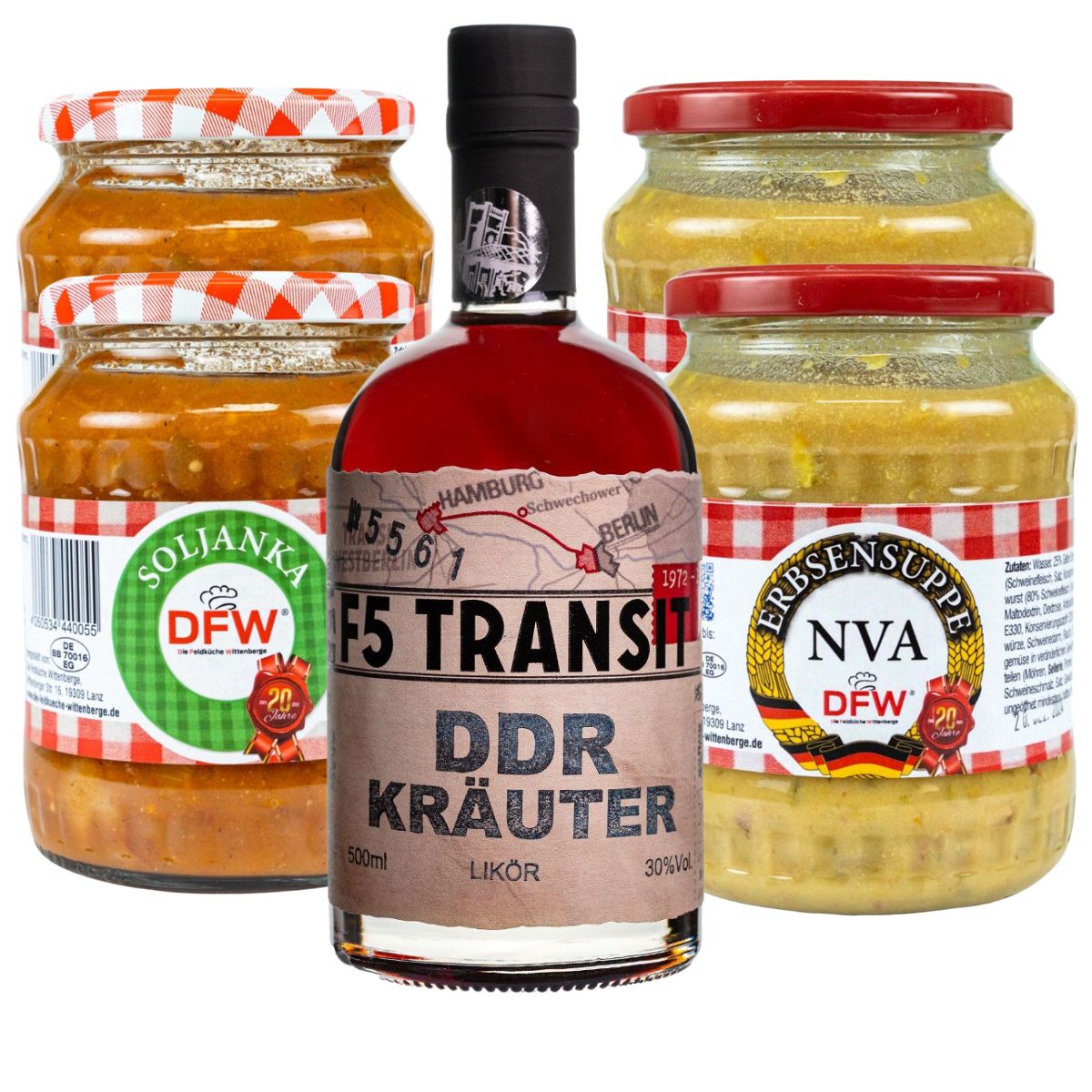 TransitPaket DDR-Kräuterlikör + DFW Soljanka und NVA-Erbsensuppe (TP002)