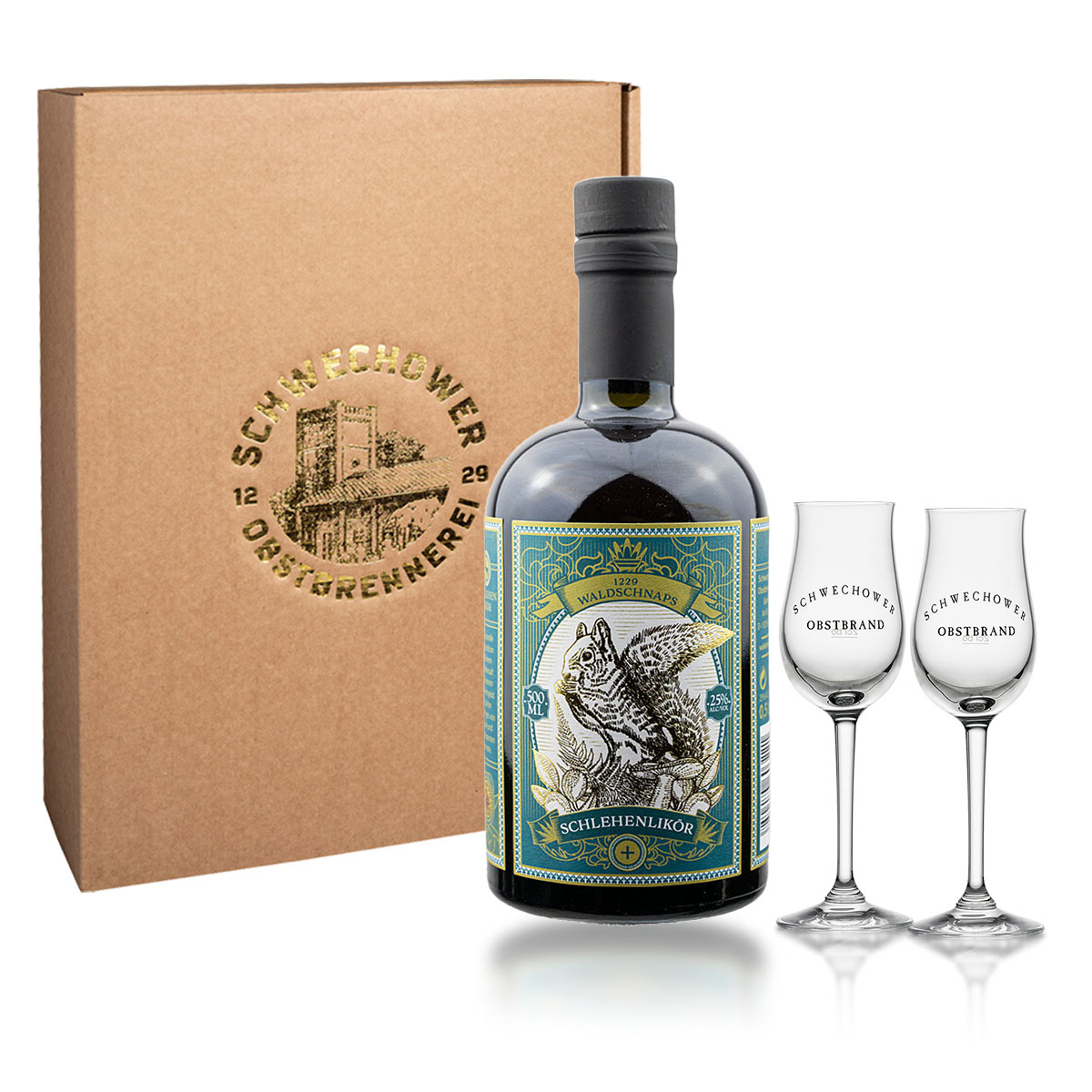 Schlehenlikor-Geschenk-2Glaser WaldLikör 0.5l (25%Vol) + Gläser (Präsent 12045)