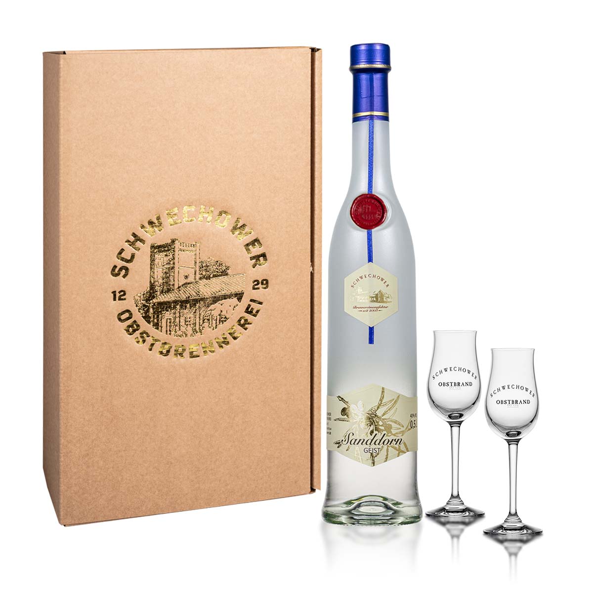 Obstgeist-Sanddorn-0-5l-2-Obstgeistglaser-40-Vol-Geschenk Obstgeist Sanddorn 0,5l + 2 Obstgeistgläser (40%Vol.) - Geschenk