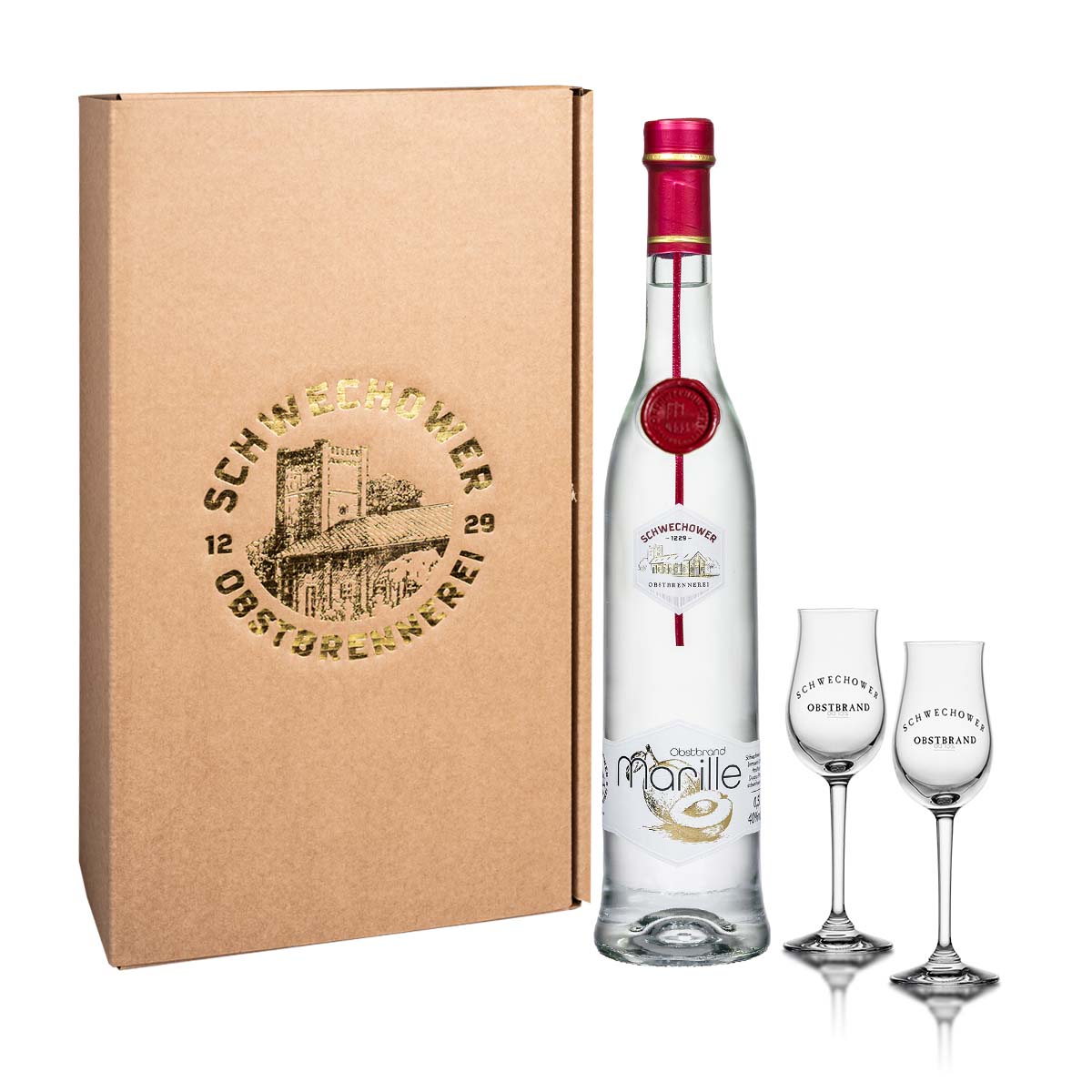 Schwechower-Marille-0-5l-Geschenkkarton-2Bouqetglaser Obstbrand Marille 0,5l + 2 Obstbrandgläser (40%Vol.) - Geschenk
