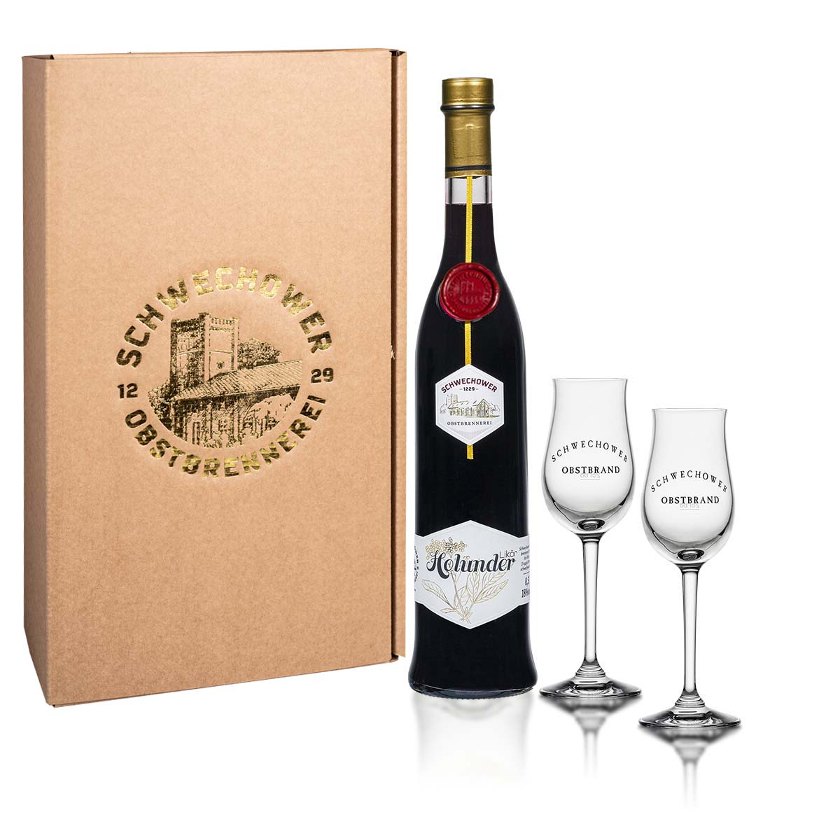 Likor-Holunder-0-5l-2-Bouquetglaser-18-Vol-Geschenk-Holunderlikor Likör Holunder 0,5l + 2 Bouquetgläser (18%Vol.) - Geschenk - Holunderlikör