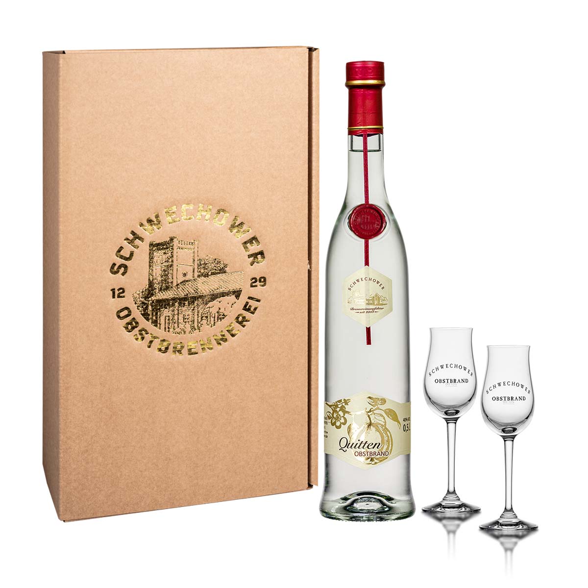 Schwechower-Quitten-Obstbrand-0-5l-Geschenkkarton-2BouqetglaserRuFl1fTuq81AR Obstbrand Quitte 0,5l + 2 Obstbrandgläser (40%Vol.) - Geschenk